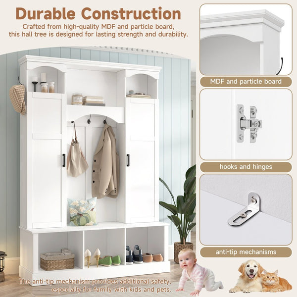 English Elm On-trend Farmhouse Hall Tree with Dual Cabinets Seven Hooks and Arched Entryway Storage White N721S000078K