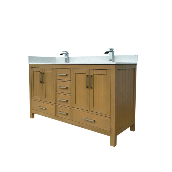 English Elm 60" Double Sink Vanity Solid Wood Cabinet Carrara Marble Top Brown Oak Finish T3785P442236