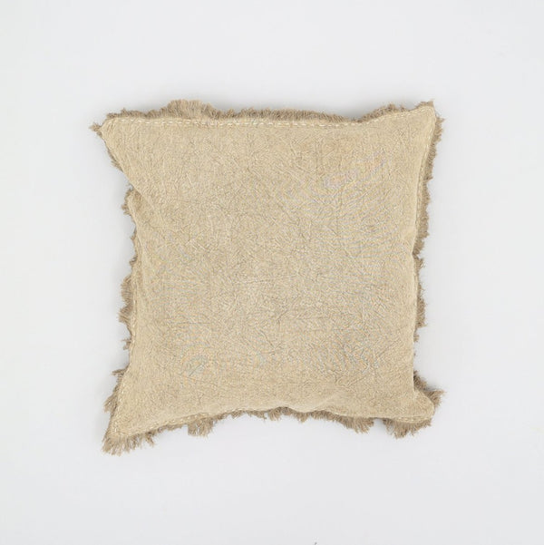 English Elm Stonewashed Linen Throw Pillow - Artisan Handworked Edges & Fringe, 22" X 22" - Boho Chic Accent B346P321243-GIGA