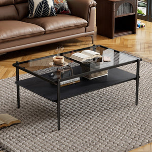 English Elm Rectangle Coffee Table With Sleek Gray Glass Top & Sturdy Black Metal Legs - Modern Living Room Style W241139565-GIGA