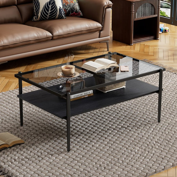 English Elm Rectangle Coffee Table With Sleek Gray Glass Top & Sturdy Black Metal Legs - Modern Living Room Style W241139565-GIGA