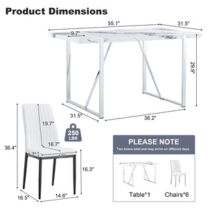 English Elm 7 Piece Faux Marble Dining Set with 55" Table and 6 Ergonomic PU Leather Chairs, Sturdy Modern Design SQ000750AAK