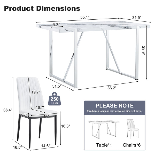 English Elm 7 Piece Faux Marble Dining Set with 55" Table and 6 Ergonomic PU Leather Chairs, Sturdy Modern Design SQ000750AAK