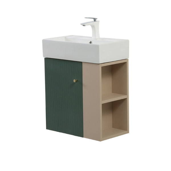 English Elm 21.6" Wall Mounted Sage Green Vanity Base with Open Shelf and Gold Hardware W1573P446794