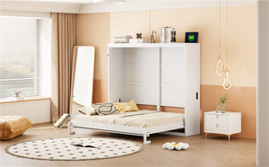 English Elm Full Size Murphy Wall Bed with Rattan Panel Cabinet for Studio and Guest Rooms White N708S00011K-2