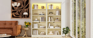 English Elm 83" 5-Tier Bookcase Suite with LED Light Strip, Adjustable Shelves, Cable Management & Solid Wood Frame Beige+yellow N751S246920A
