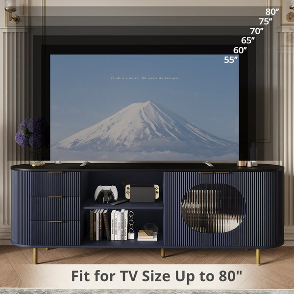 English Elm 65 Inch Fluted Media Console with Marble Look Top Gold Hardware Natural Finish Blue T5618P448227