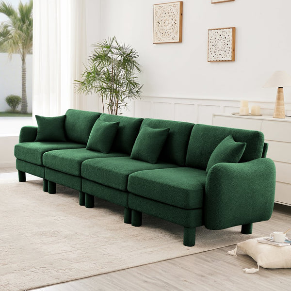 English Elm Boucle 4-Seater Sofa With Sculptural Shell Armrests & Soft Boucle Fabric In Elegant Green Color W3041S00311