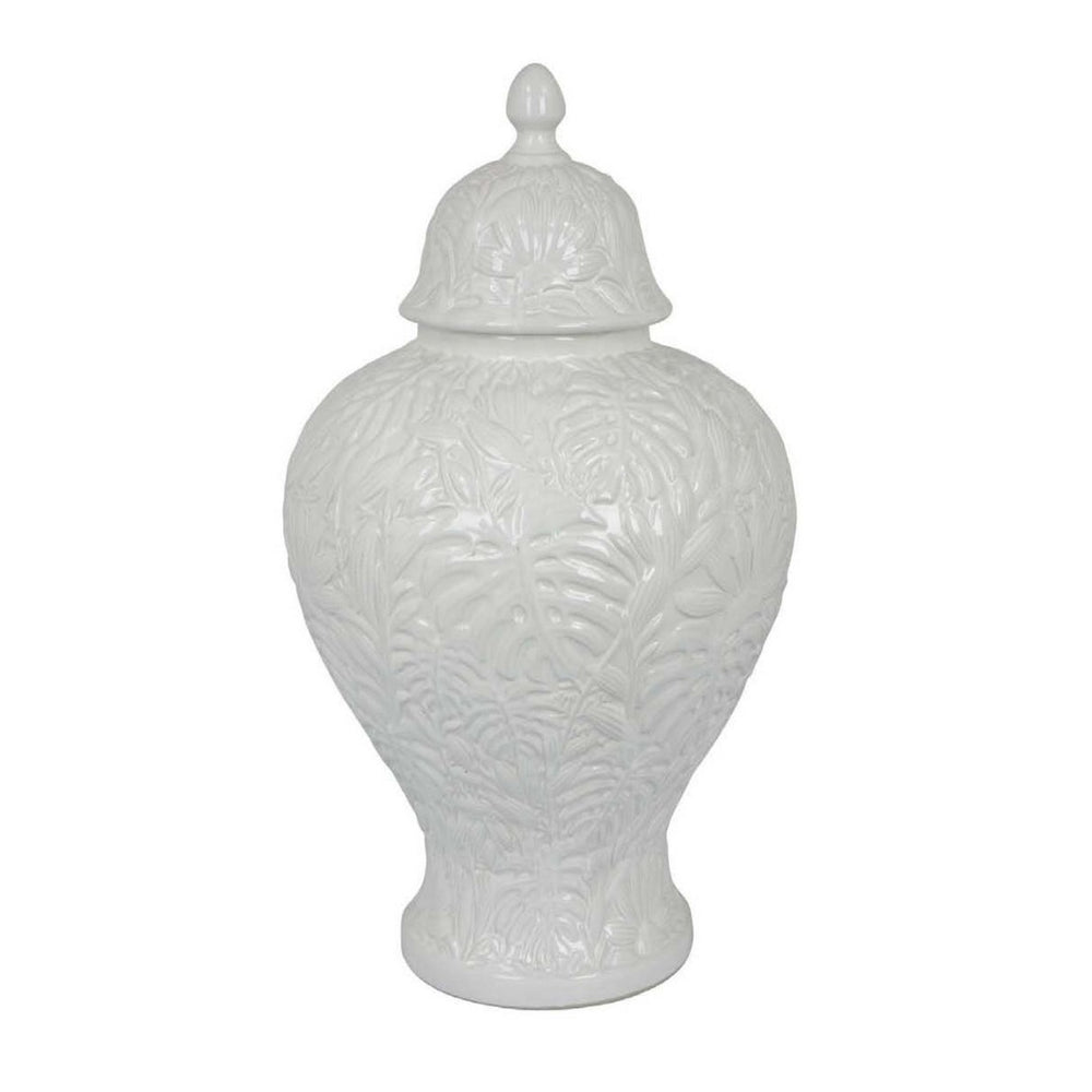 English Elm Deni White Ceramic Temple Jar with Embossed Texture and Removable Lid for Console Tables B056P416855