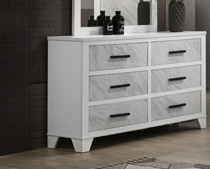 English Elm White Contemporary Dresser 58" W Faux Marble Inset Black Bar Pulls Metal Glide English Dovetail B2741P406274