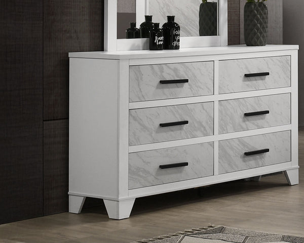 English Elm White Contemporary Dresser 58" W Faux Marble Inset Black Bar Pulls Metal Glide English Dovetail B2741P406274