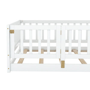 English Elm Full Size Pine Montessori Floor Bed with Fence & Removable Door, Sturdy Kids Bed White Playhouse W1820P349301