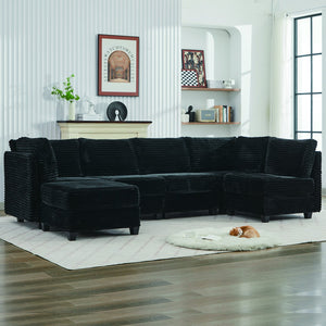 English Elm Corduroy Plush U-Shaped Sectional Sofa with Storage Ottoman, Pet-Friendly Durable Modular Comfort Black W2915S00063