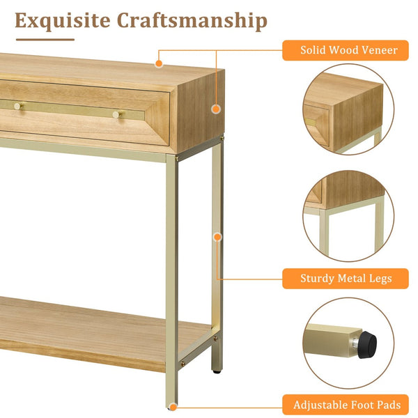 English Elm Trexm Retro Modern Console Table Two Drawers Geometric Matte Black Gold Entryway N715P227910N
