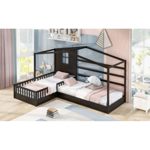 English Elm Wood House Bed L-shaped Twin Frame Pinewood Kids Room Peaked Roofline Espresso Finish LP001345AAP