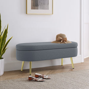 English Elm Ottoman Oval Flannel Storage Bench with Matte Metal Legs for Bedroom or Living Room Dark Gray W487P438628