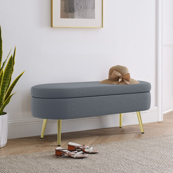 English Elm Ottoman Oval Flannel Storage Bench with Matte Metal Legs for Bedroom or Living Room Dark Gray W487P438628