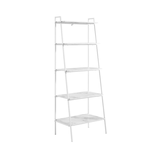 72" Metal & Wood Ladder Shelf White Calacatta Marble, White Metal BS72ARLDWCM Walker Edison