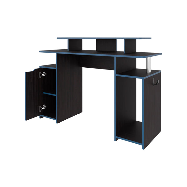 English Elm Blue Accents Minimalist Gaming Desk Wengue Finish with Elevated Monitor Shelf, 4 Shelves & Door Organizer B062P290272