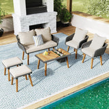 English Elm K&K 6-Piece Rope Patio Furniture Set, Outdoor Furniture With Acacia Wood Cool Bar Table With Ice Bucket , Deep Seat Patio Conversation Set With Two Stools For Backyard Porch Balcony (Black & Beige)