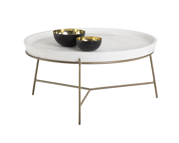 Sunpan Remy Coffee Table - Elegant Steel Frame with Unique Concrete Top for Chic Indoor & Outdoor Spaces Antique Brass / White
