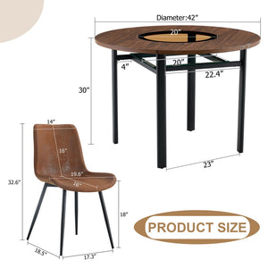 English Elm Table Set 42 Inch Round Wood Grain Glass Inlay with Six Tech-fabric Dining Chairs W1151S04480