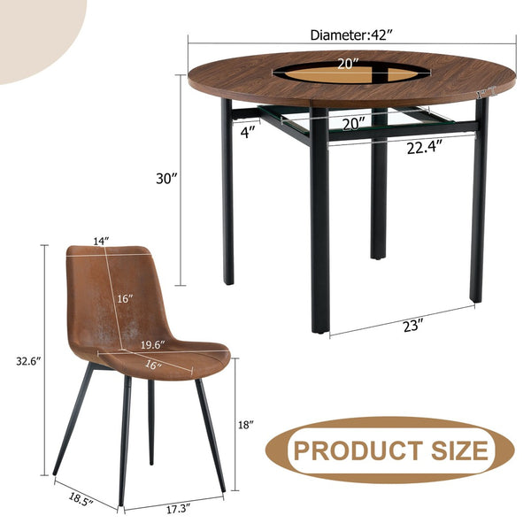 English Elm Table Set 42 Inch Round Wood Grain Glass Inlay with Six Tech-fabric Dining Chairs W1151S04480
