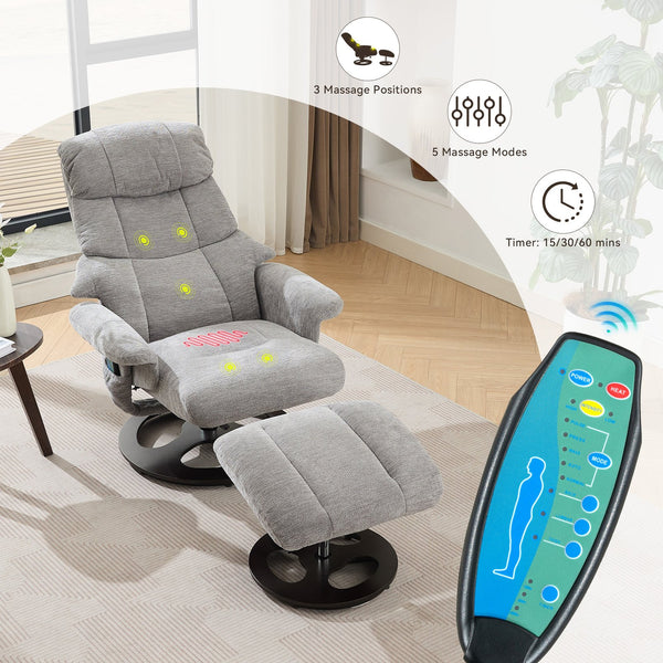 English Elm 010-Ergonomic Recliner Chair with Ottoman — 360° Swivel Lounge, Chenille Comfort, Heated Seat, Massage, Adjustable Backrest Grey W2636P262448