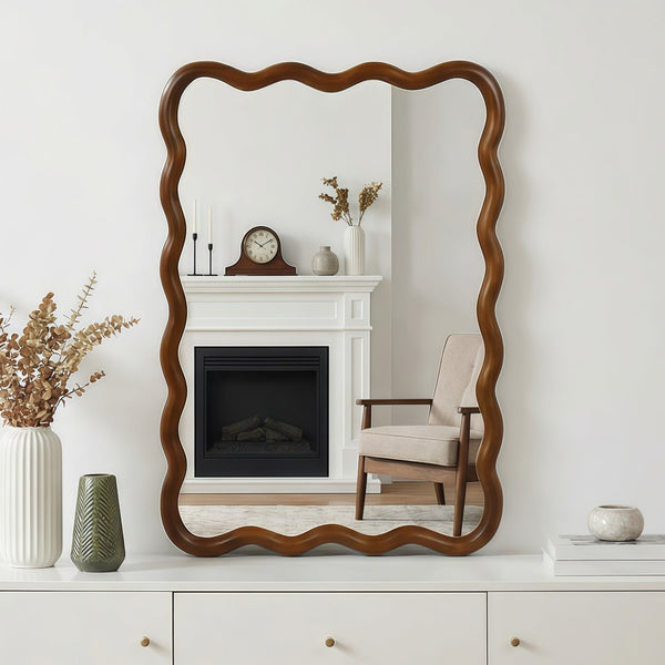 English Elm Black Walnut Solid Wood Wavy Frame Mirror Sculptural Bohemian Accent for Any Room W2203P455232