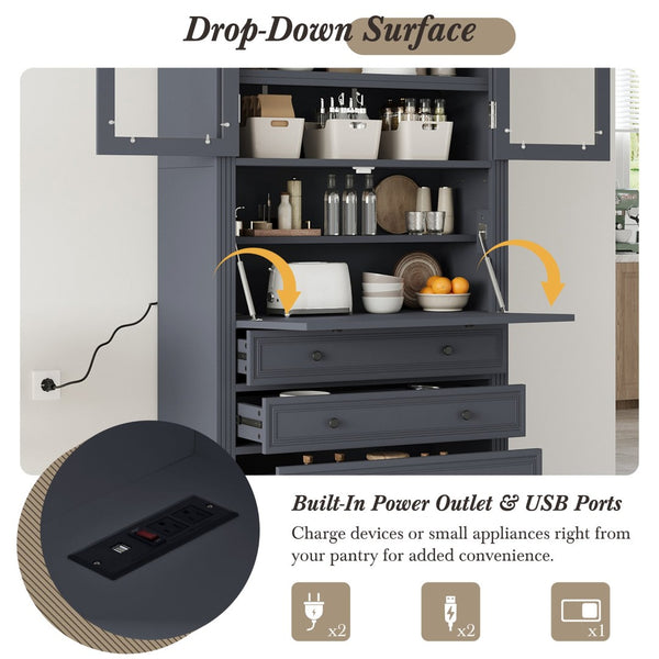 English Elm Topmax Shaker Pantry Cabinet with Drawers Power Outlet and Glass Doors SP000094AAE