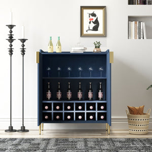 English Elm 2 Door Wine Bar Cabinet with 12-Bottle Rack, Soft-Close Hinges, Adjustable Shelf & Elevated Metal Legs Blue W2899P372476
