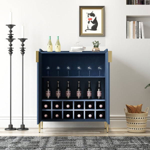 English Elm 2 Door Wine Bar Cabinet with 12-Bottle Rack, Soft-Close Hinges, Adjustable Shelf & Elevated Metal Legs Blue W2899P372476