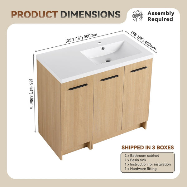 English Elm 36" Floating Bathroom Vanity Light Oak Modular Cabinet with Gel Coat Integrated Sink W3450S00106