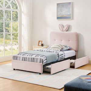 English Elm Twin Kids Boucle Upholstered Bed Rabbit Ear Headboard Led Lighting Four Storage Drawers Pink W1413P384920
