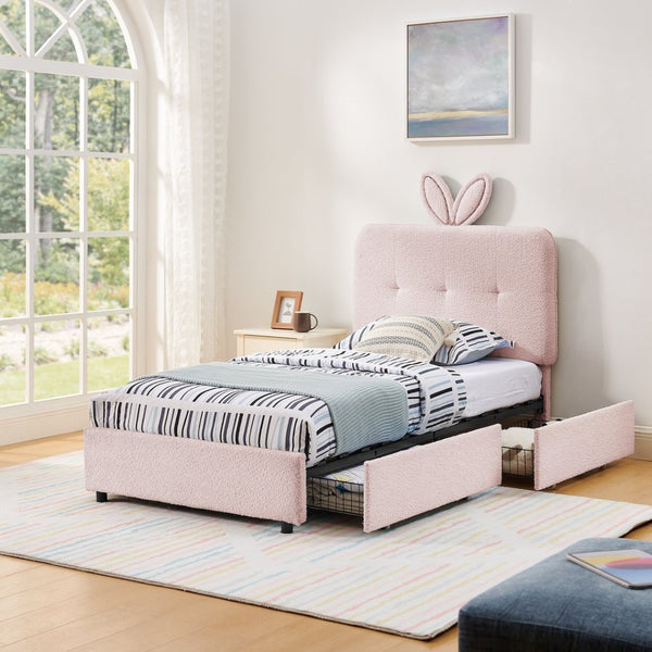 English Elm Twin Kids Boucle Upholstered Bed Rabbit Ear Headboard Led Lighting Four Storage Drawers Pink W1413P384920