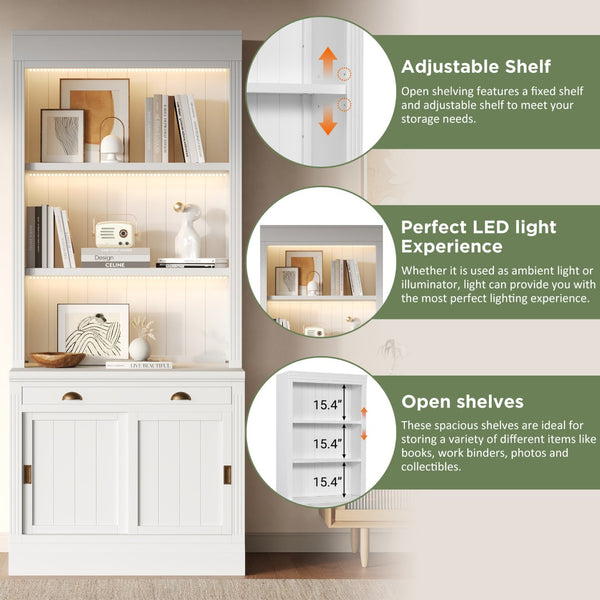 English Elm 83.4"tall Bookcase with Led Shelves Sliding Doors Open Storage Modern White N751S379858K