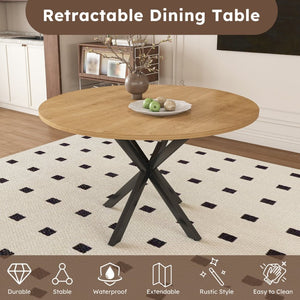 English Elm Extendable Round Oak Finish Dining Table Seats Six with Steel Base Modern Kitchen W2700P420811