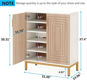 English Elm Durable White Mdf Shoe Cabinet with Gold Legs Geometric Doors Entryway Storage T3971P447602