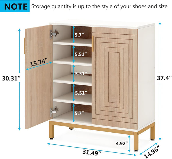 English Elm Durable White Mdf Shoe Cabinet with Gold Legs Geometric Doors Entryway Storage T3971P447602
