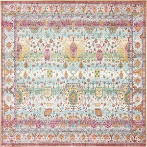 Unique Loom Austin Carmen Machine Made Border Rug Light Green, Beige/Burgundy/Gold/Green/Yellow/Salmon/Peach/Pink 8' 0" x 8' 0"