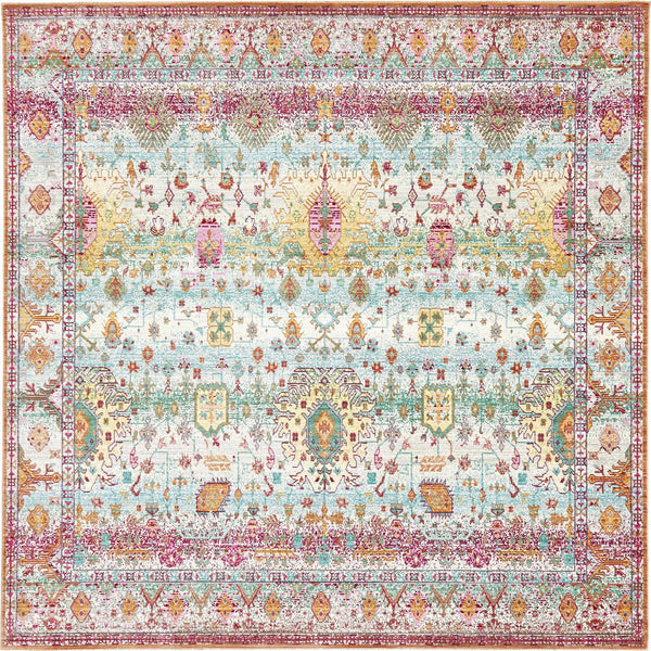 Unique Loom Austin Carmen Machine Made Border Rug Light Green, Beige/Burgundy/Gold/Green/Yellow/Salmon/Peach/Pink 8' 0" x 8' 0"