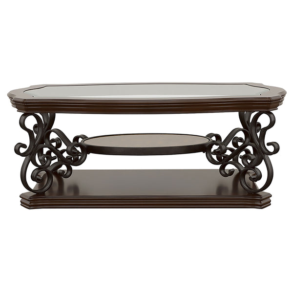 English Elm Bianca Merlot 2-Shelf Glass Top Coffee Table with Cherry Veneer Finish, Spacious Display & Warm Elegance B062P328727