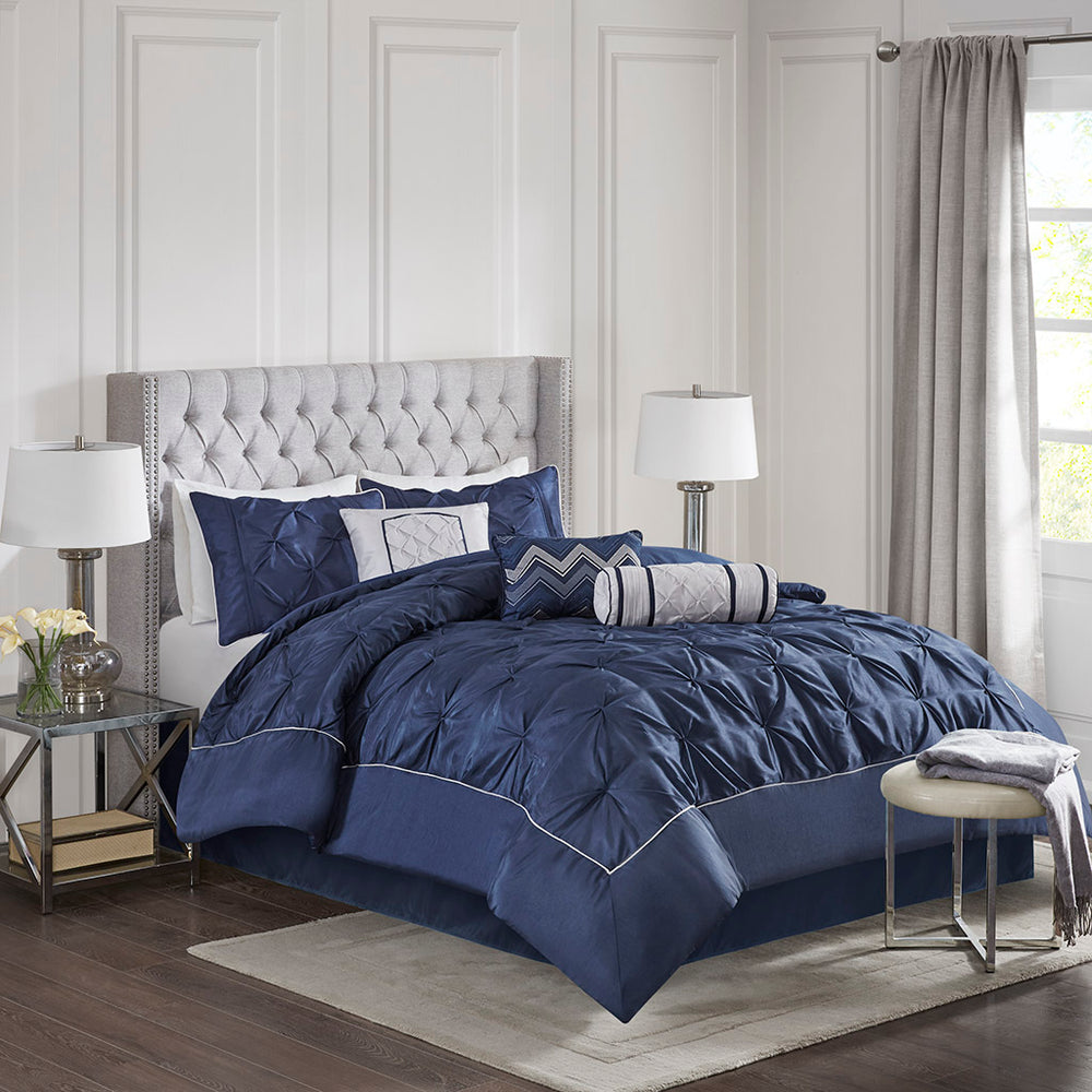 JLA Home Madison Park - 7 Piece Tufted Comforter Set Laurel Collection — Quilted Dimension, Soft Polyester, Tailored Modern Texture Navy MP10-2241