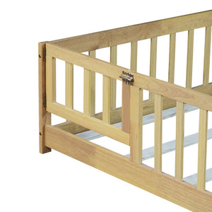 English Elm Twin Size Rubberwood Floor Bed with Safety Fence for Toddler Rooms Natural Finish W504P370533