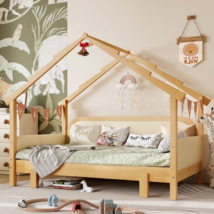 English Elm Twin Pine Treehouse Floor Bed with Padded Rails and Cabin Roofline for Kids White W1580S00383