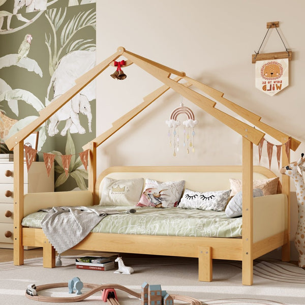 English Elm Twin Pine Treehouse Floor Bed with Padded Rails and Cabin Roofline for Kids White W1580S00383