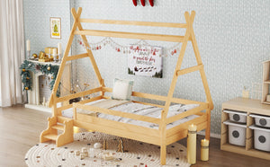 English Elm Twin House Shaped Platform Bed Solid Pine Frame with Built in Stairs for Kids W1580P354719