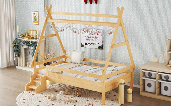 English Elm Twin House Shaped Platform Bed Solid Pine Frame with Built in Stairs for Kids W1580P354719