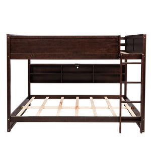 English Elm Queen Over Queen Floor Bunk Bed with Built-In Storage Shelves, USB Charging Station, Solid Pine Frame, Safety Rails and LadderDesigned for Space Saving and Modern Bedrooms Brown W504S00239