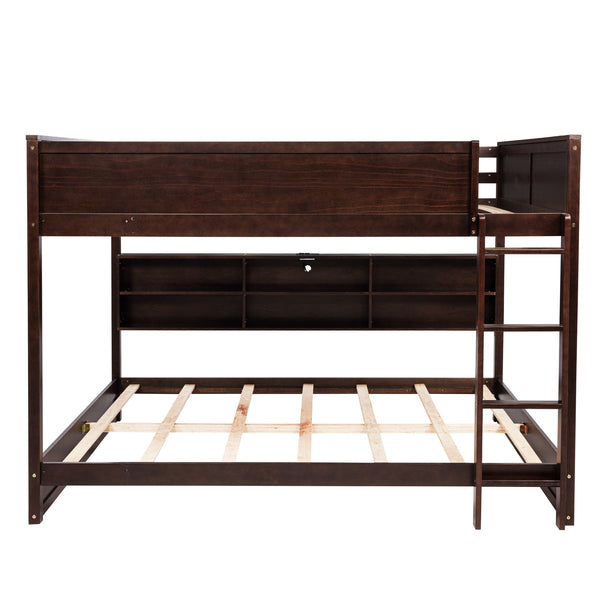English Elm Queen Over Queen Floor Bunk Bed with Built-In Storage Shelves, USB Charging Station, Solid Pine Frame, Safety Rails and LadderDesigned for Space Saving and Modern Bedrooms Brown W504S00239